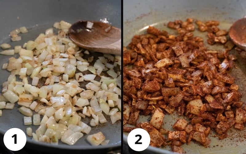 2 photos showing sautéing of onion, garlic, and spices.