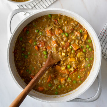 overhead view of lentil soup in a pot