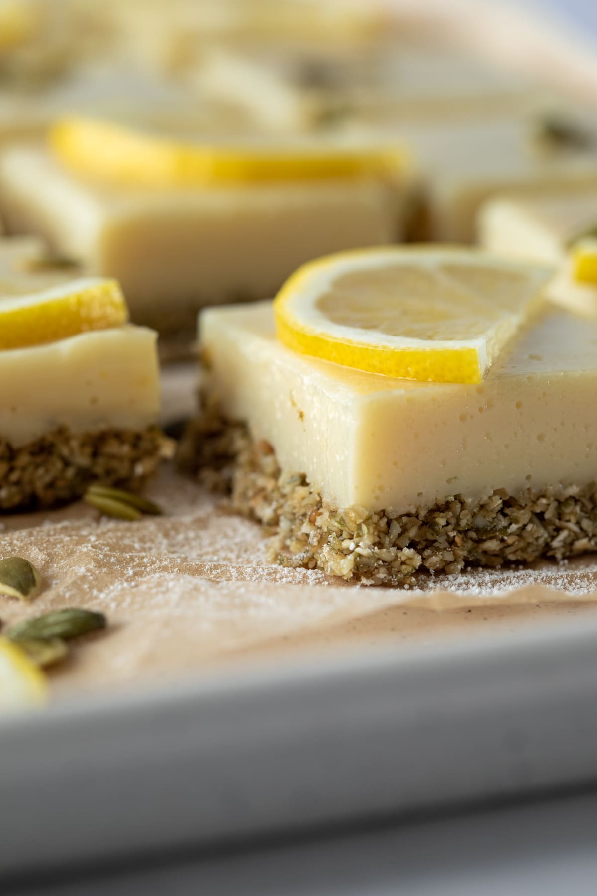 close up of texture of nut-free crust and eggless lemon bars.