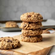 stack of thick, chewy, healthy oatmeal cookies loaded with lots of raisins