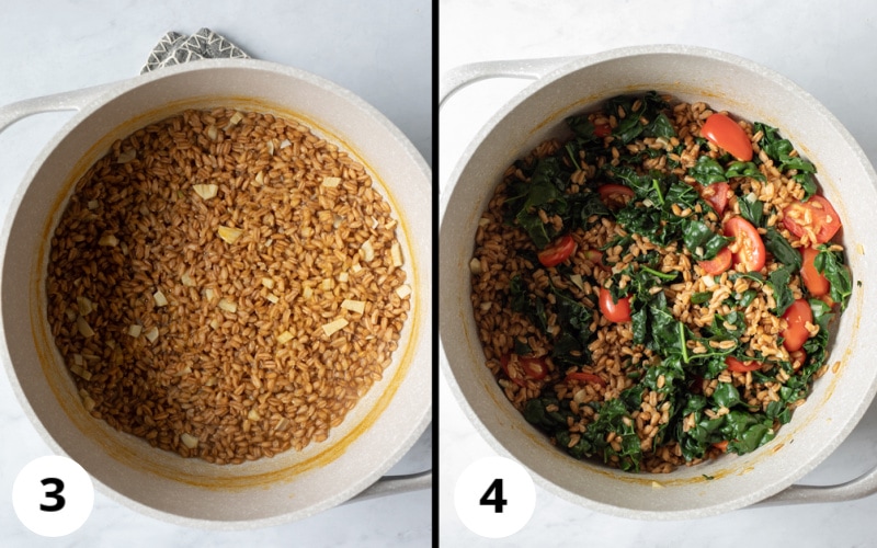 2-photo collage showing cooked farro, then with kale and tomatoes added and sauteed