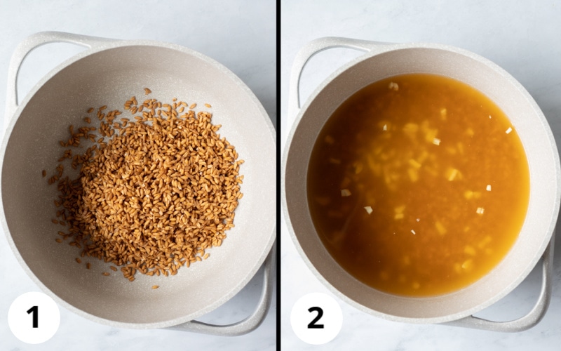 2-photo collage showing adding farro, broth, garlic to pot