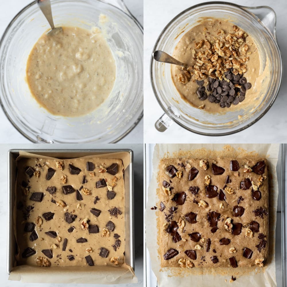 4-photo collage of mixing batter, pouring into pan, topping with chocolate and walnuts, and cooling