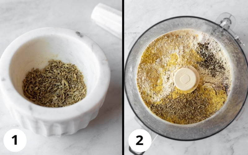 2 photos showing crushing fennel seeds, then combining dry ingredients in food processor.