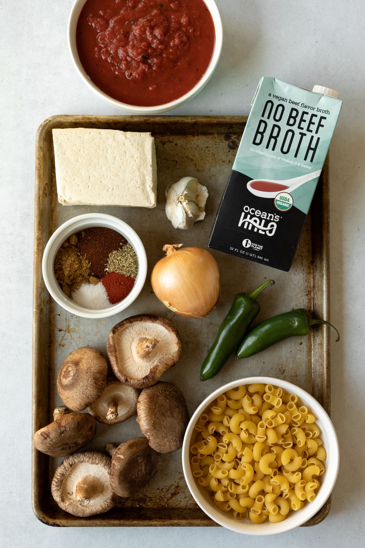 ingredients laid out on a large baking sheet.