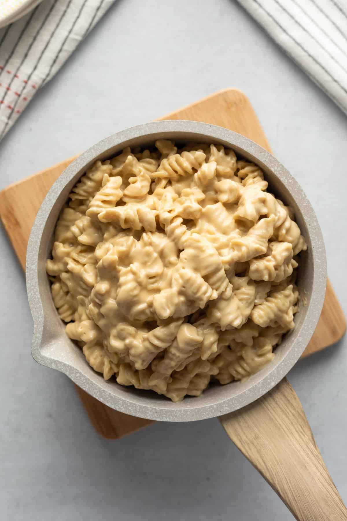 overhead shot of ultra creamy vegan mac and cheese made without cashews.
