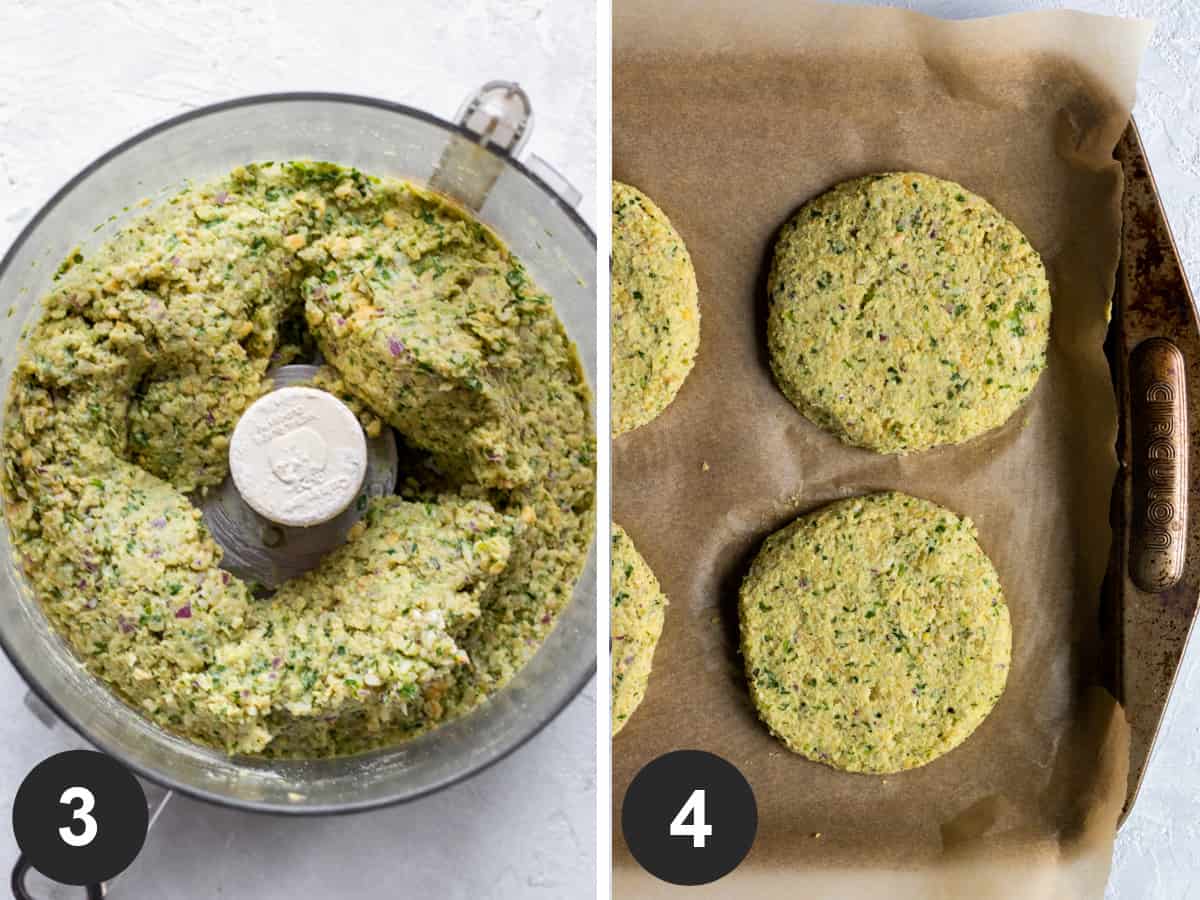 two photos showing blended bean mixture inside food processor then patties resting on baking sheet.