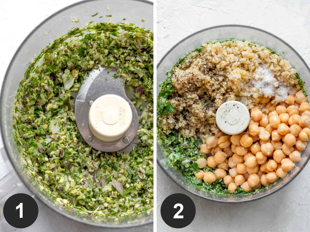 two photos showing herbs and seeds in food processor, then adding remaining ingredients.