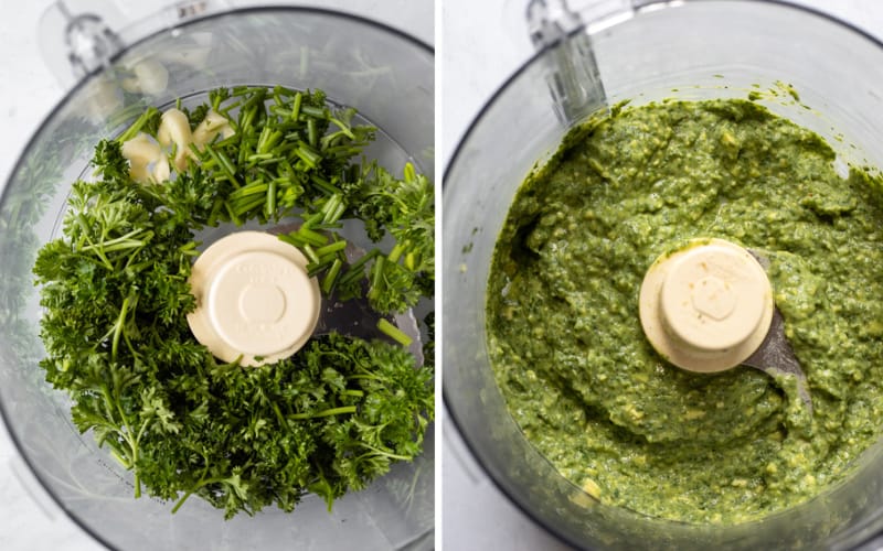 2 photos showing ingredients being blended in food processor.