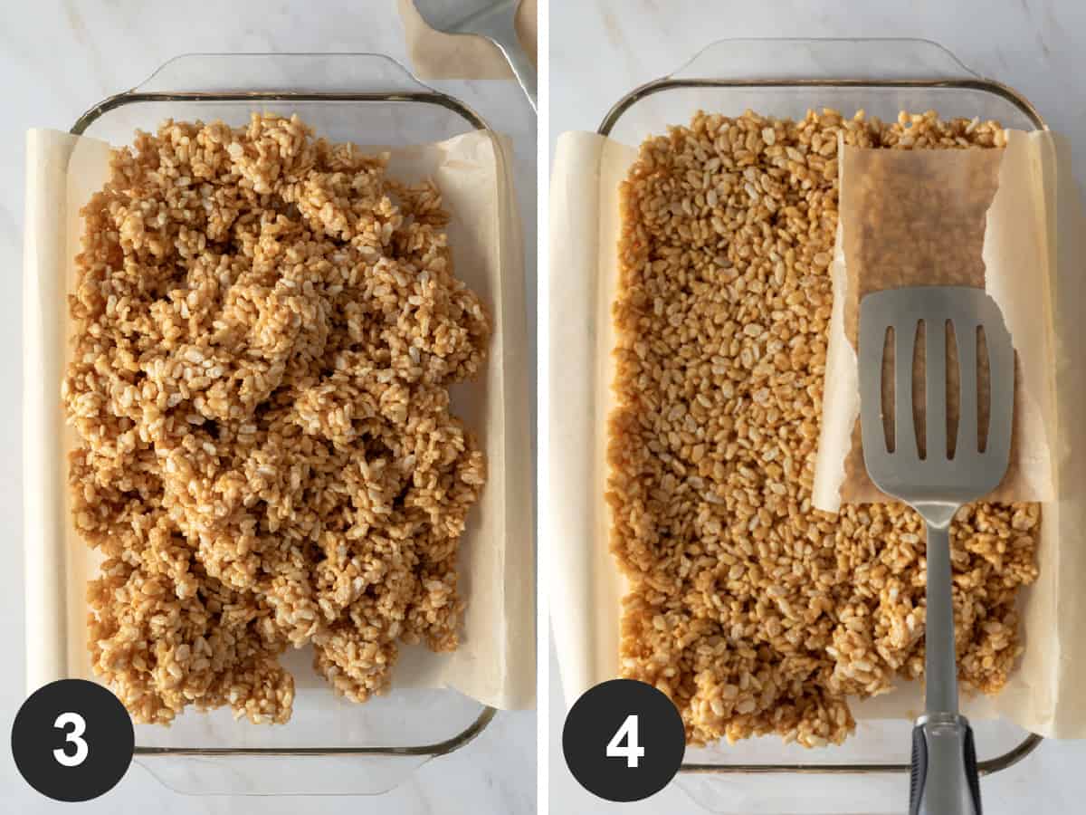 2 photo collage of pressing mixture into a 9 by 13 glass casserole dish.