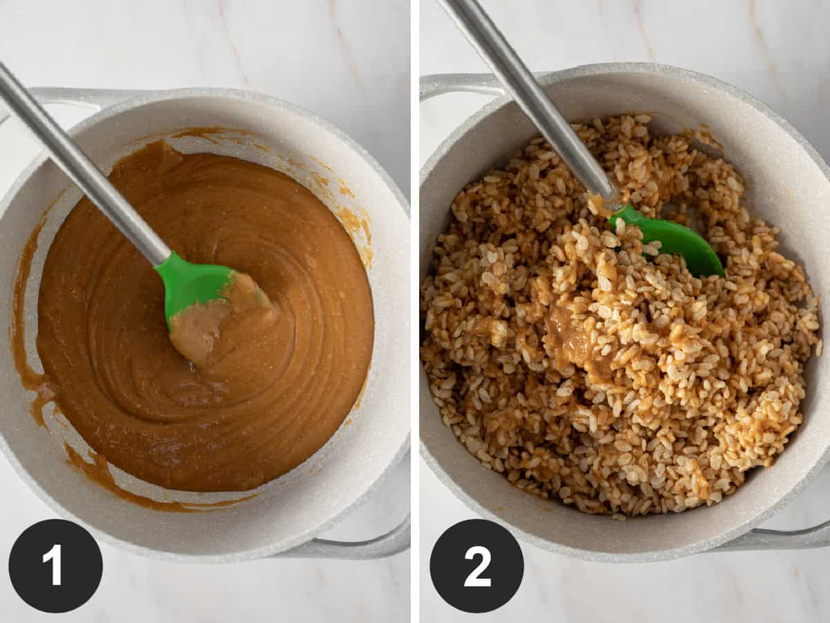 2 photo collage of mixing wet ingredients then adding cereal.