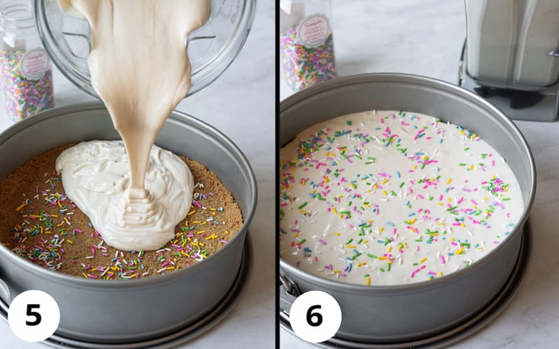 layering sprinkles into the cheesecake as filling is poured into springform pan.