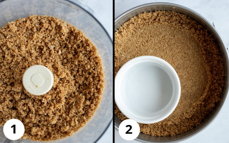 2-photos showing texture of graham cracker crust in food processor and pressed into pan.