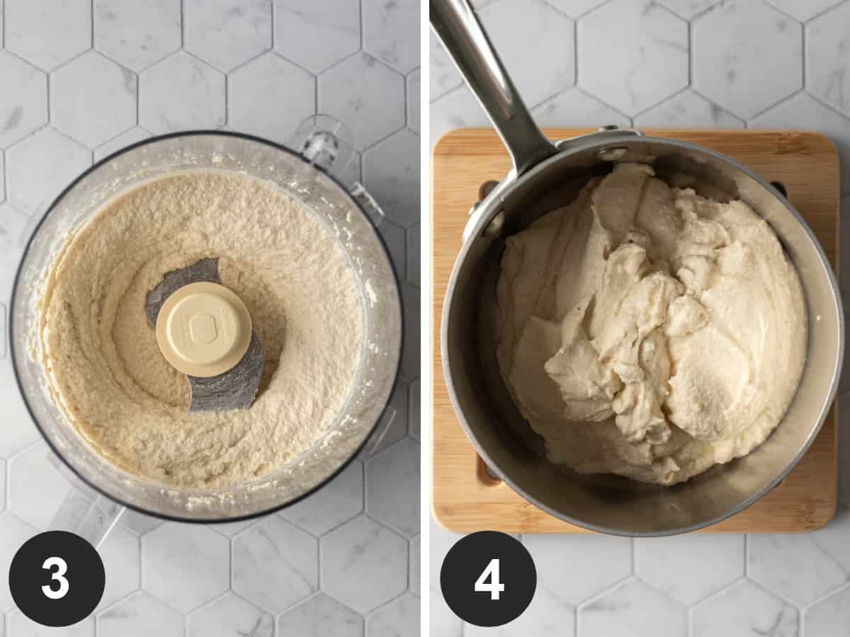 2-photos showing blended mixture in food processor and saucepan.