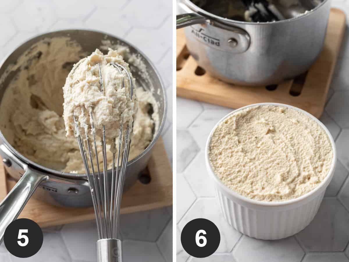 2 photos showing the thick mixture after heating and then transferred to a ramekin to cool.