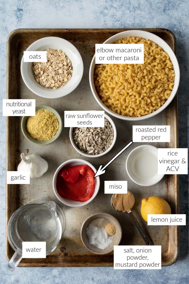 labeled photo of ingredients needed to make nut-free mac and cheese.