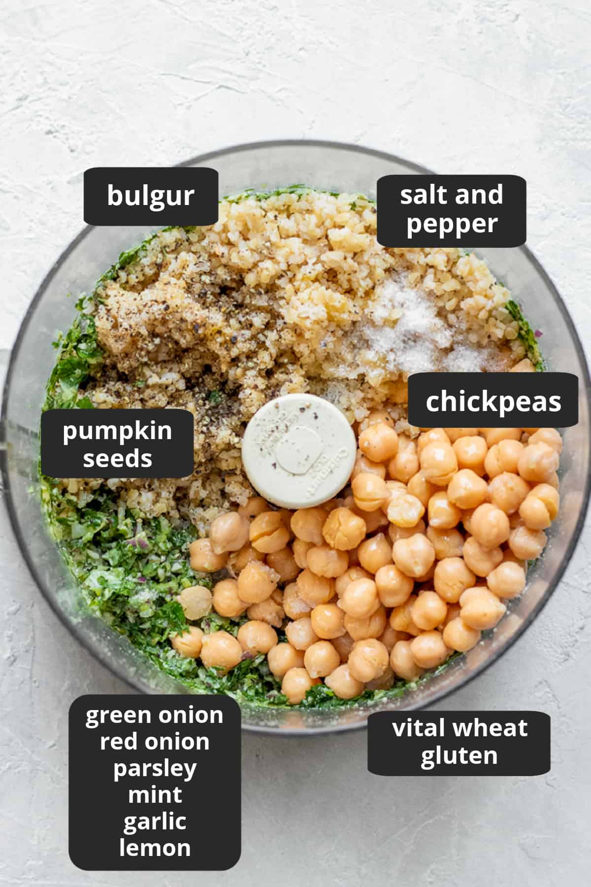 labeled photo of ingredients inside food processor bowl.