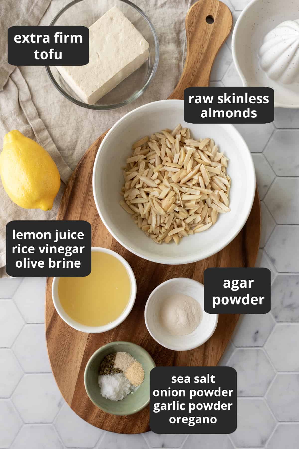 labeled photo showing 10 ingredients needed to make vegan feta at home.