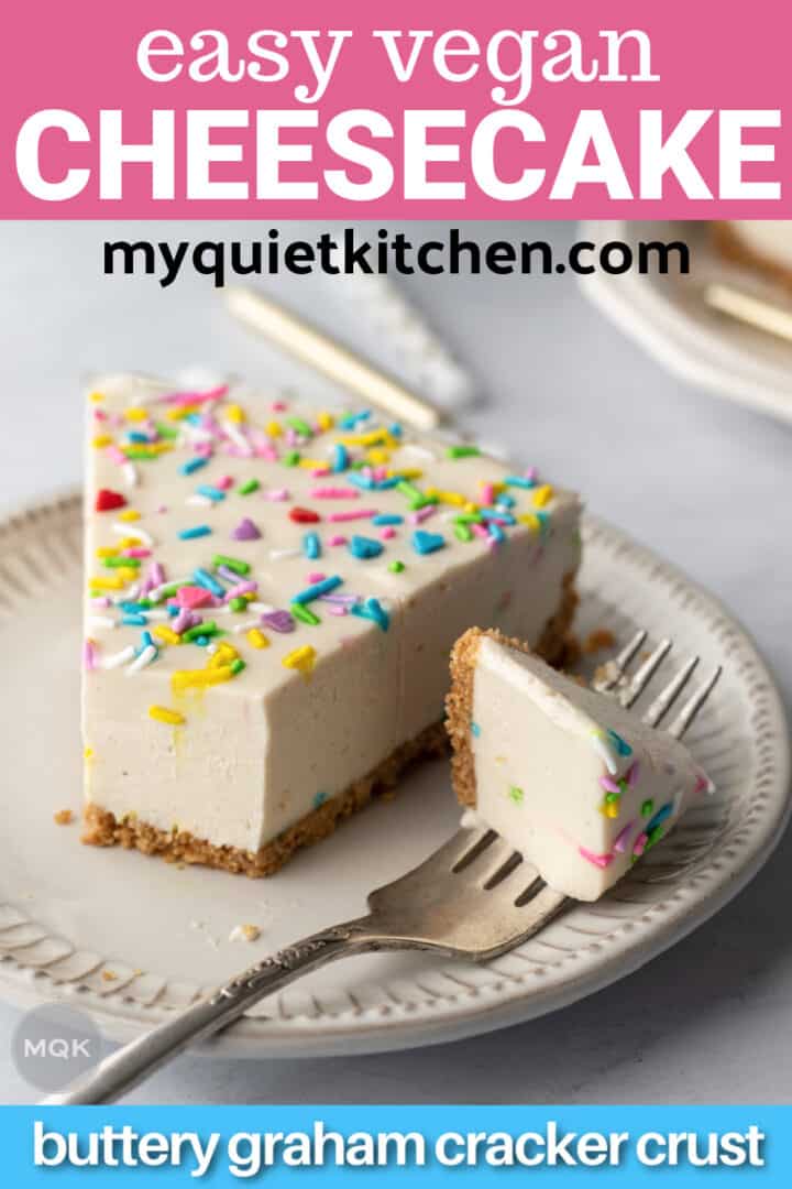 slice of cheesecake with text overlay to save on Pinterest.