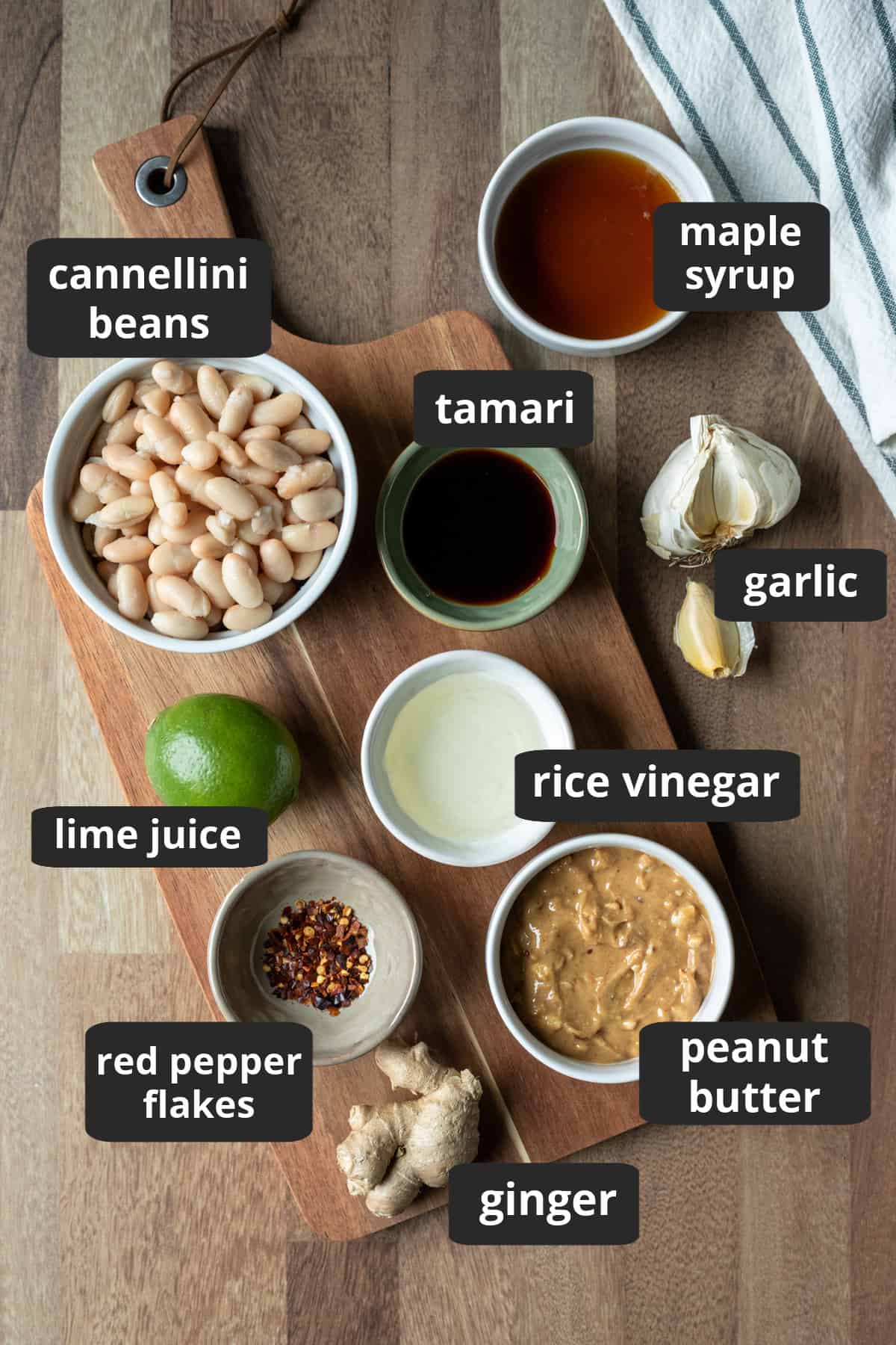labeled photo of ingredients needed for creamy vegan peanut sauce.