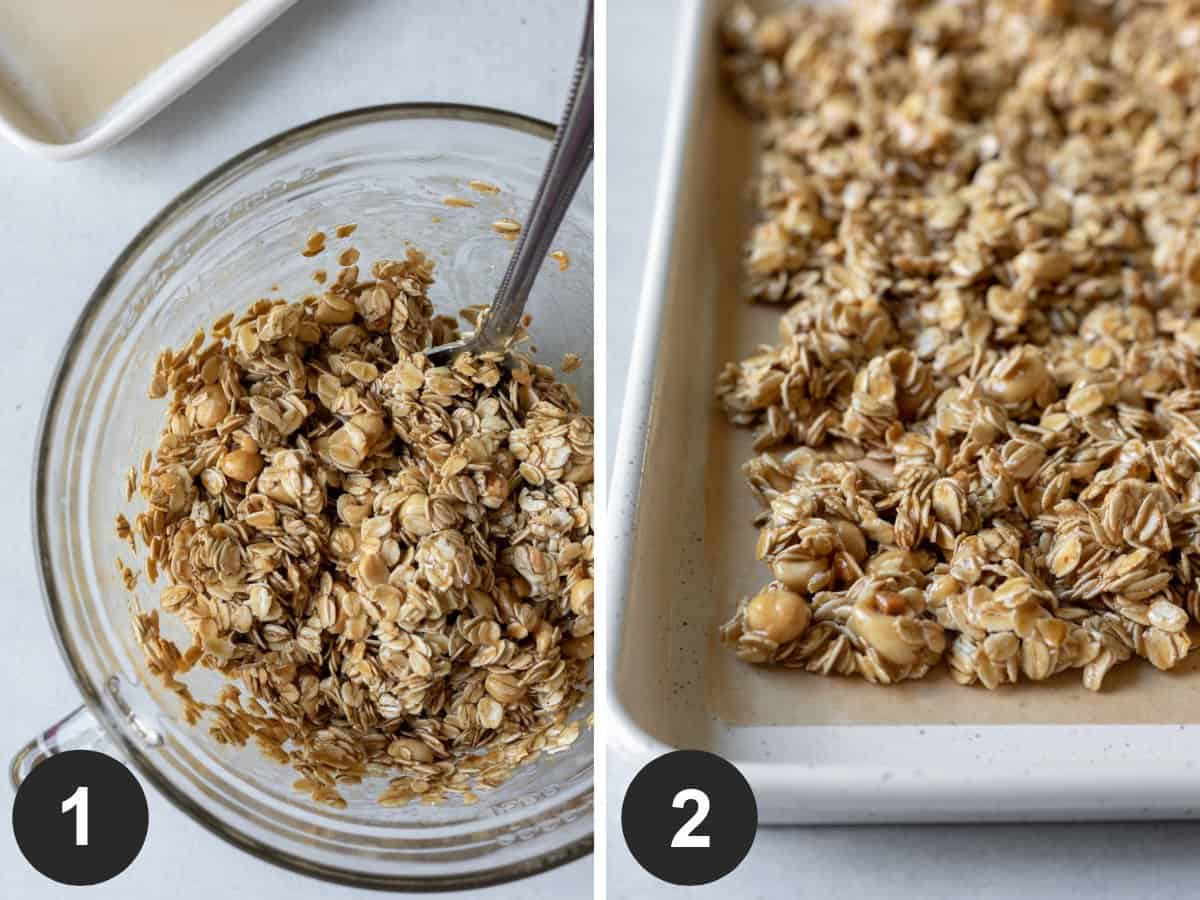 two photos showing the mixing of granola ingredients and on pan.