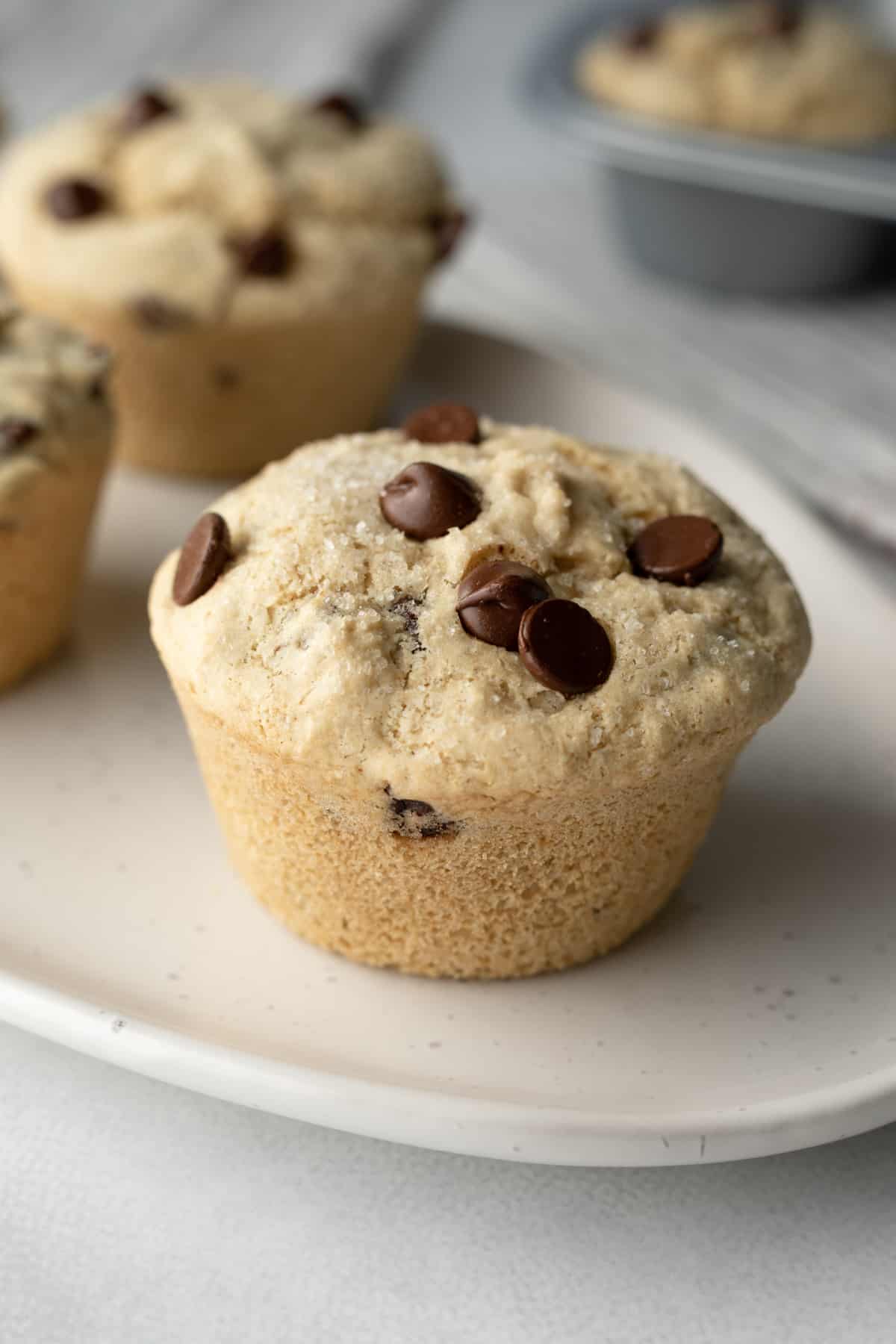 Muffins made with gluten free flour and chocolate chips instead of blueberries.