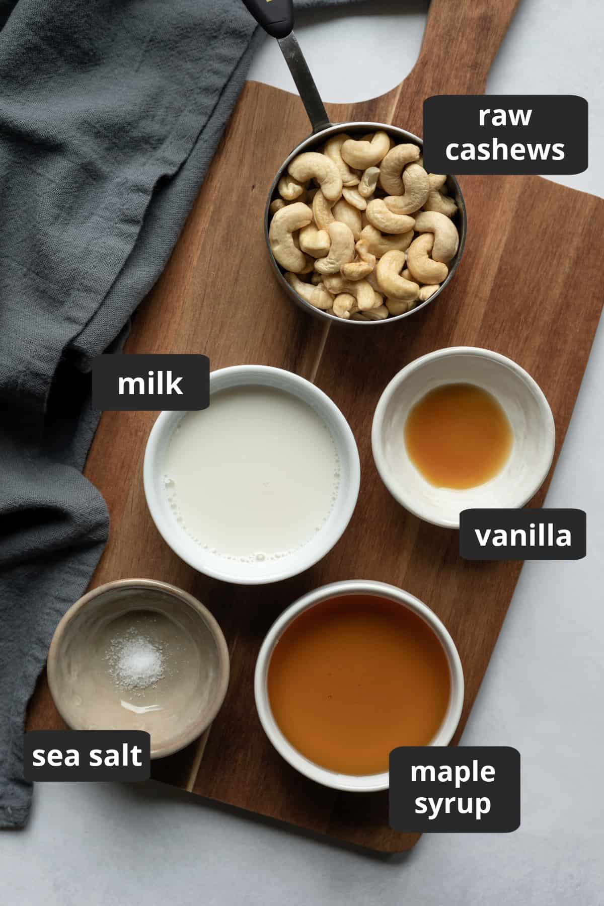 labeled photo of ingredients needed for vegan condensed milk.