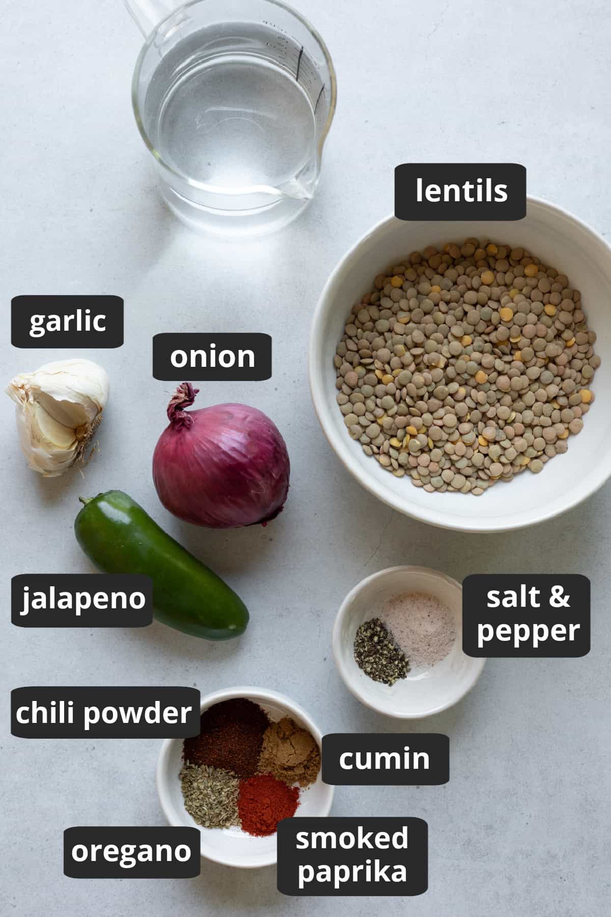 Labeled photo of ingredients needed to make lentil taco meat.