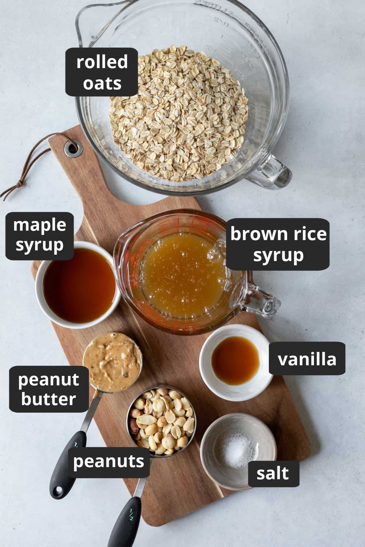 labeled photo of the ingredients needed to make peanut butter granola.