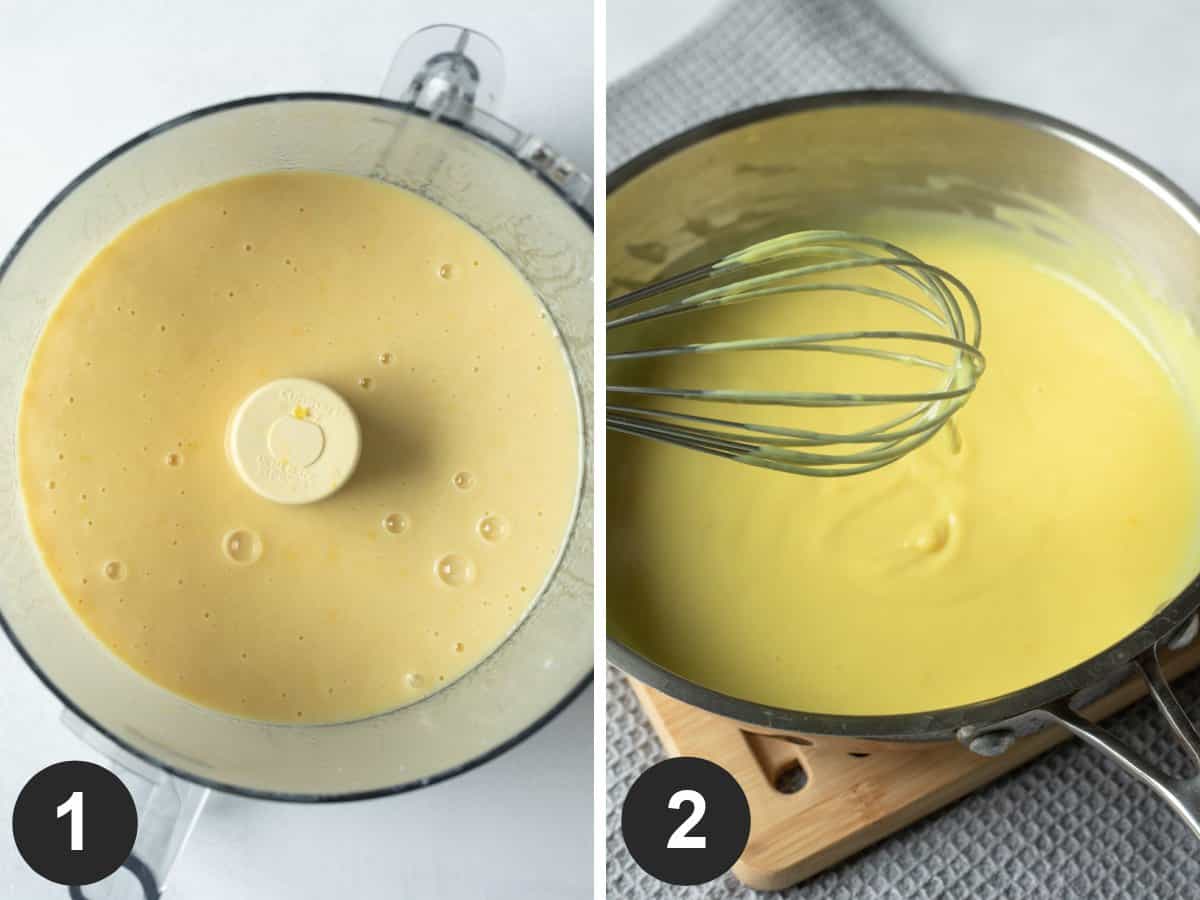 2 photos showing blending lemon curd and heating on stove until thick.