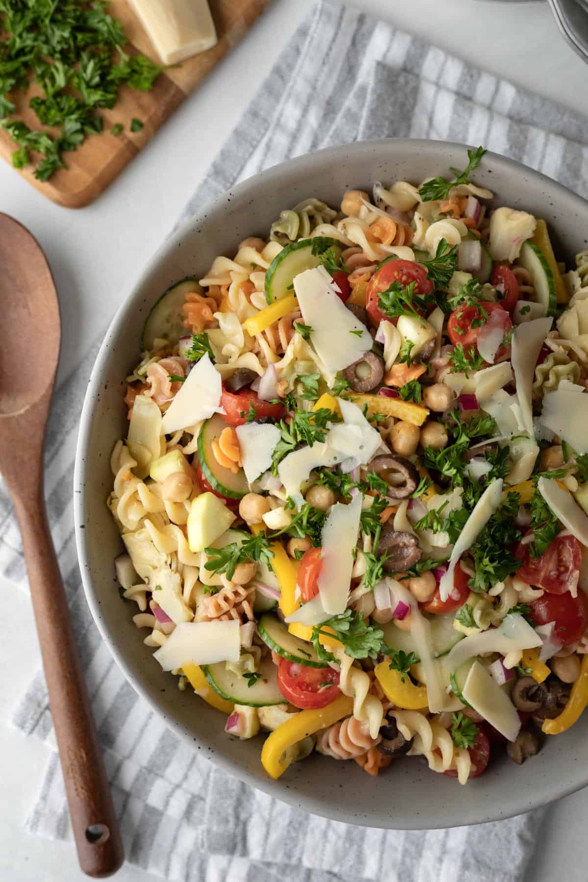 large serving bowl full of oil-free pasta salad made with this low calorie salad dressing.