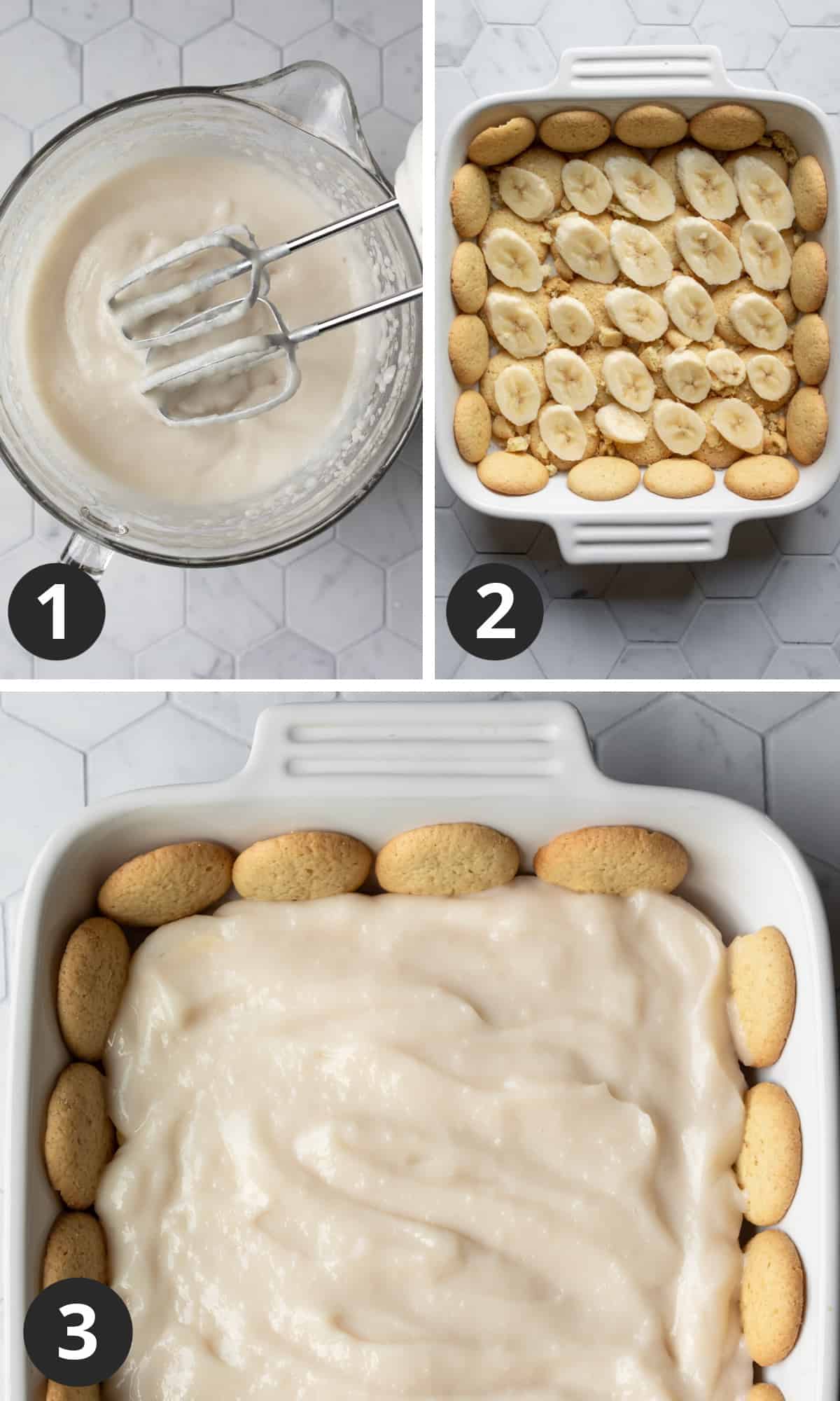 A 3-photo collage showing how to assemble vegan banana pudding.