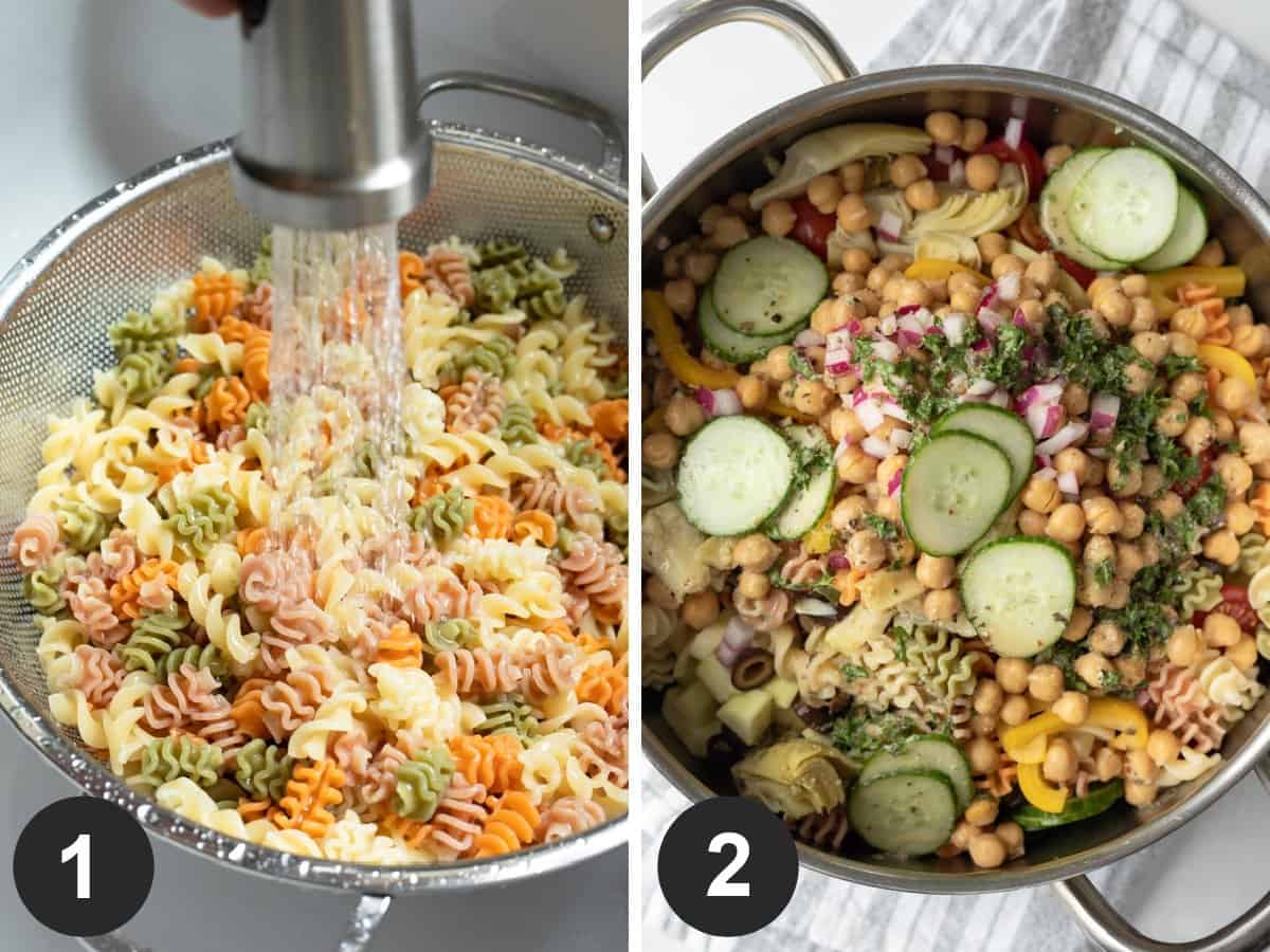 2-photo collage showing rinsing cooked pasta and combining all ingredients.