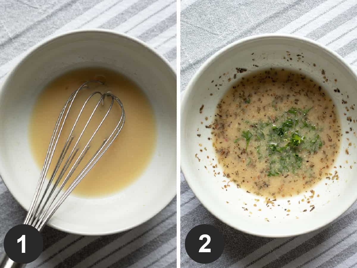 2 photos showing the two step process of whisking salad dressing ingredients.