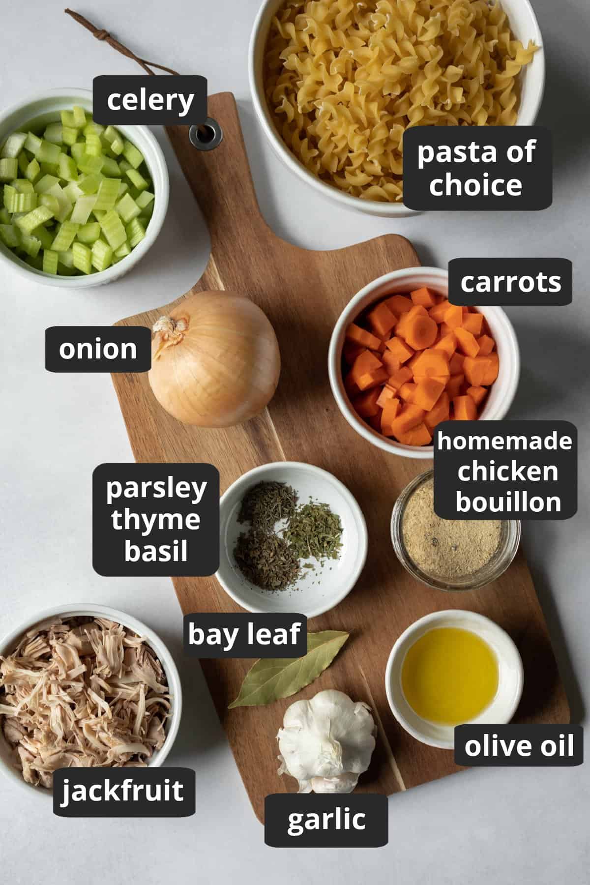 labeled photo of ingredients needed to make vegetarian chicken noodle.