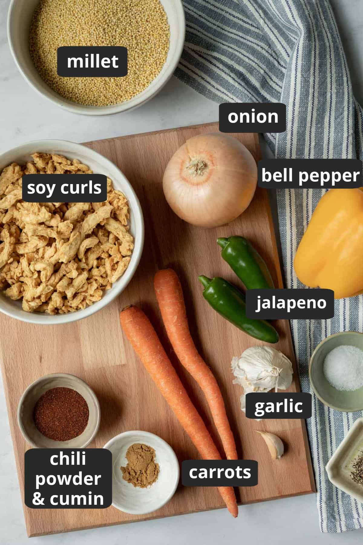 labeled photo of ingredients needed for millet with vegetables.