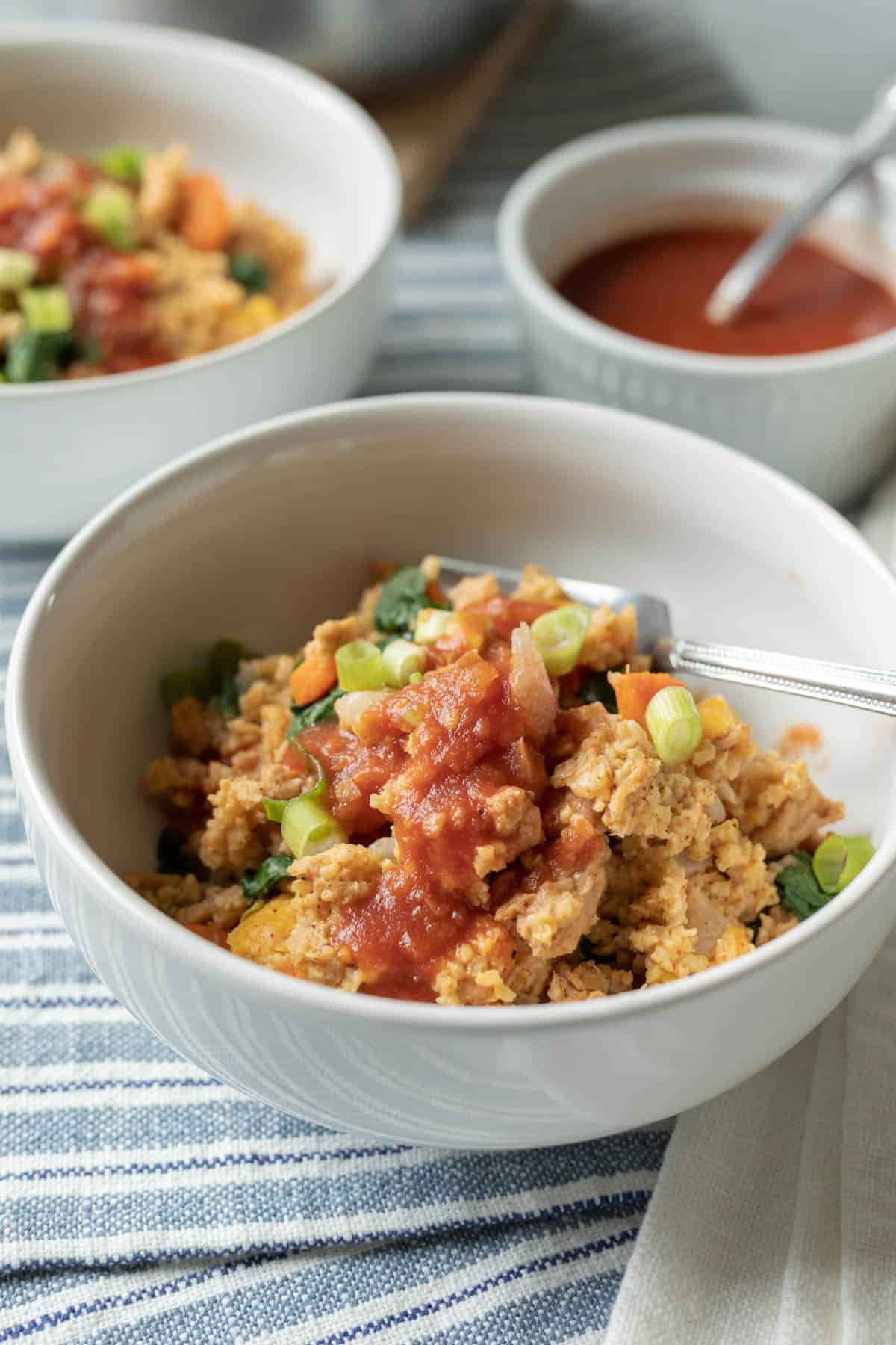 serving of Tex-Mex millet topped with red tomato salsa.