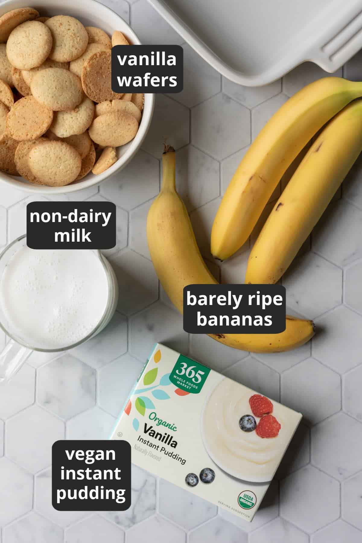 labeled photo of the 4 ingredients needed for vegan banana pudding.