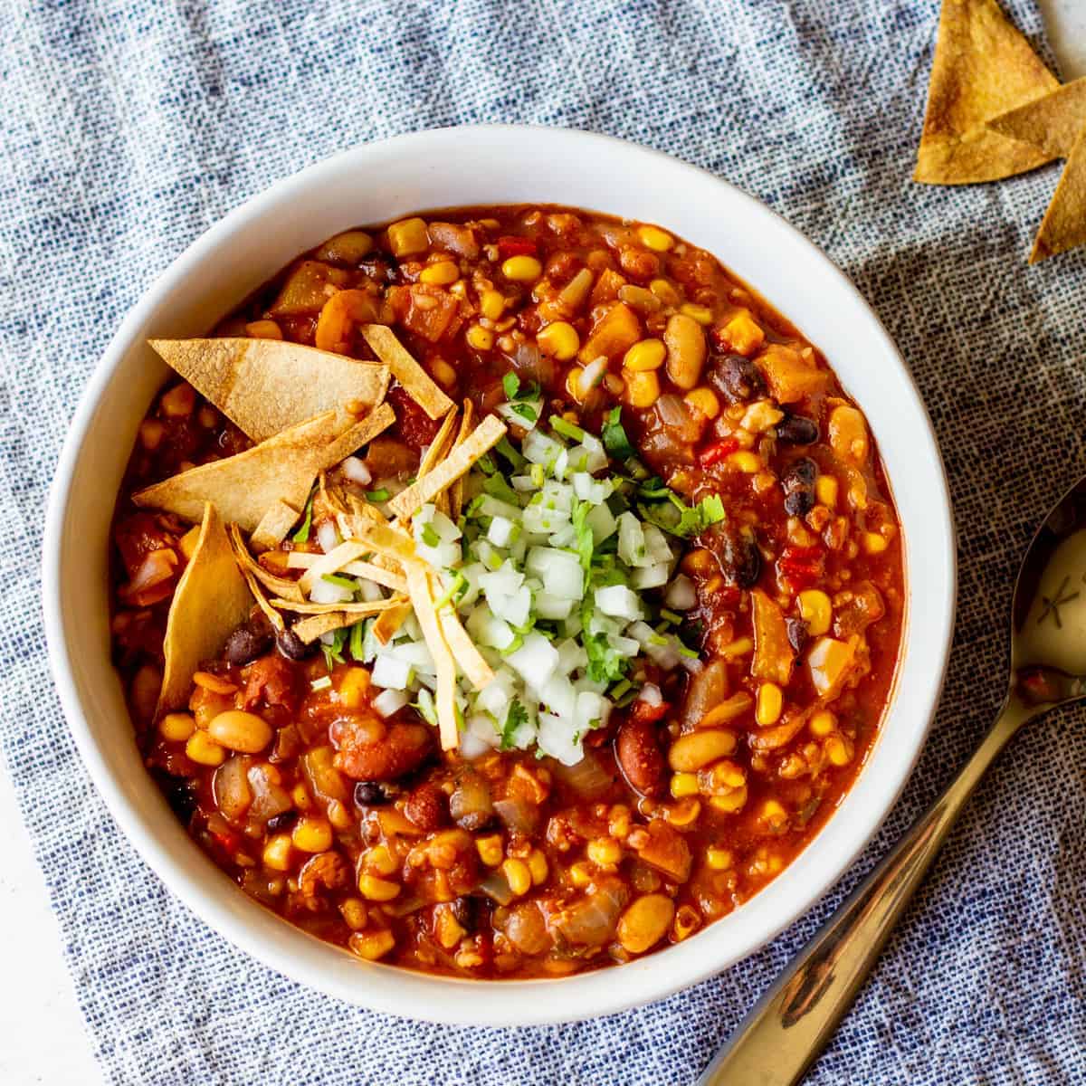 overhead shot of chunky veg chili.