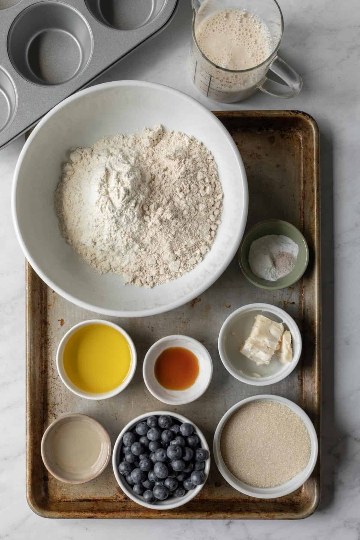 ingredients for blueberry muffins measured and prepared.