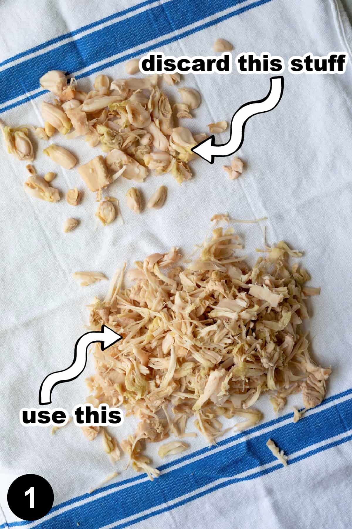 jackfruit on a towel, separated seeds to discard from the shredded parts.