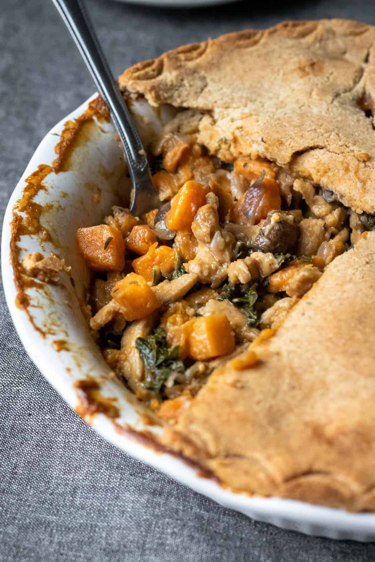 close up photo of meaty looking vegan pot pie.