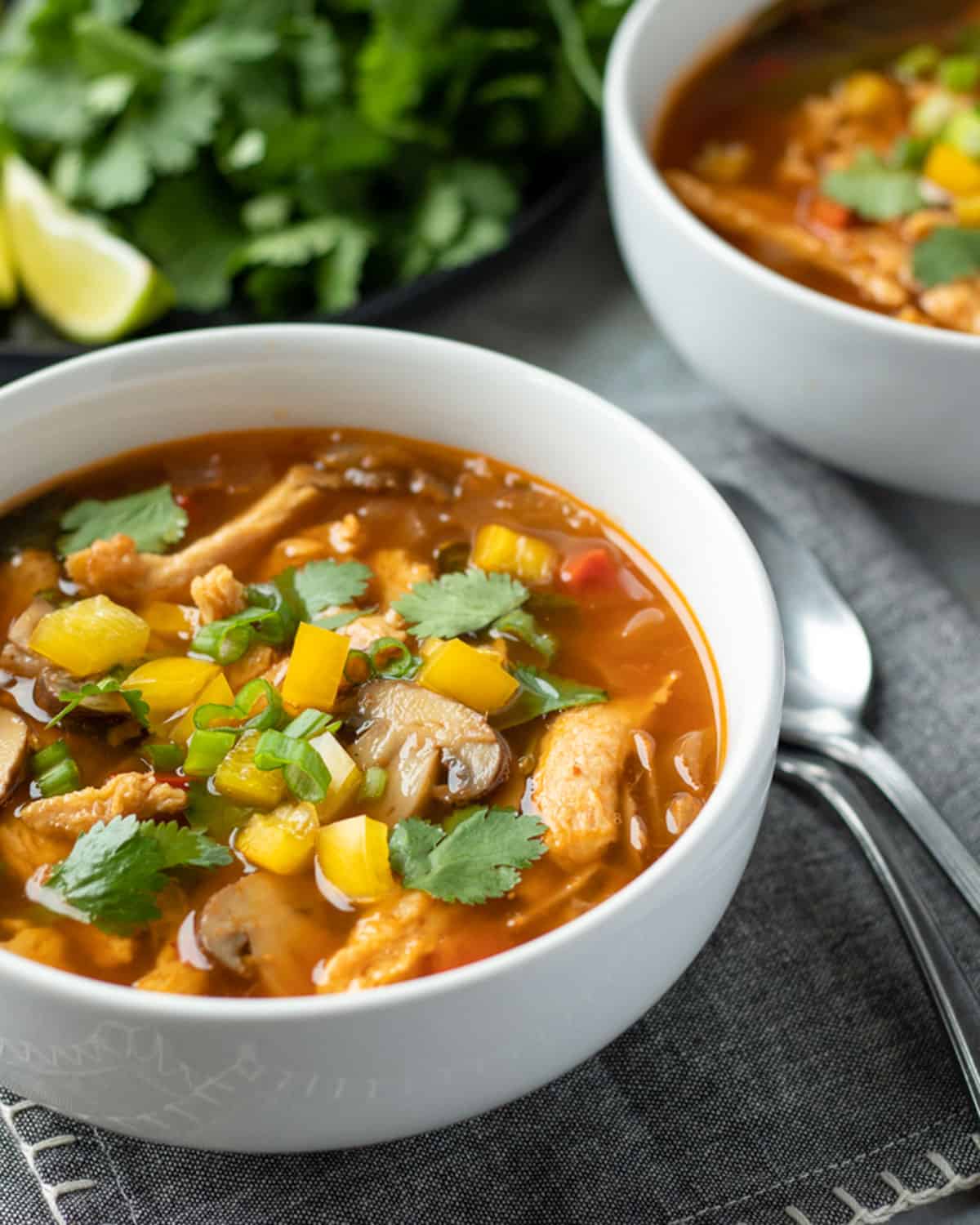 colorful Thai-inspired soup with yellow pepper, mushrooms, and soy curls.