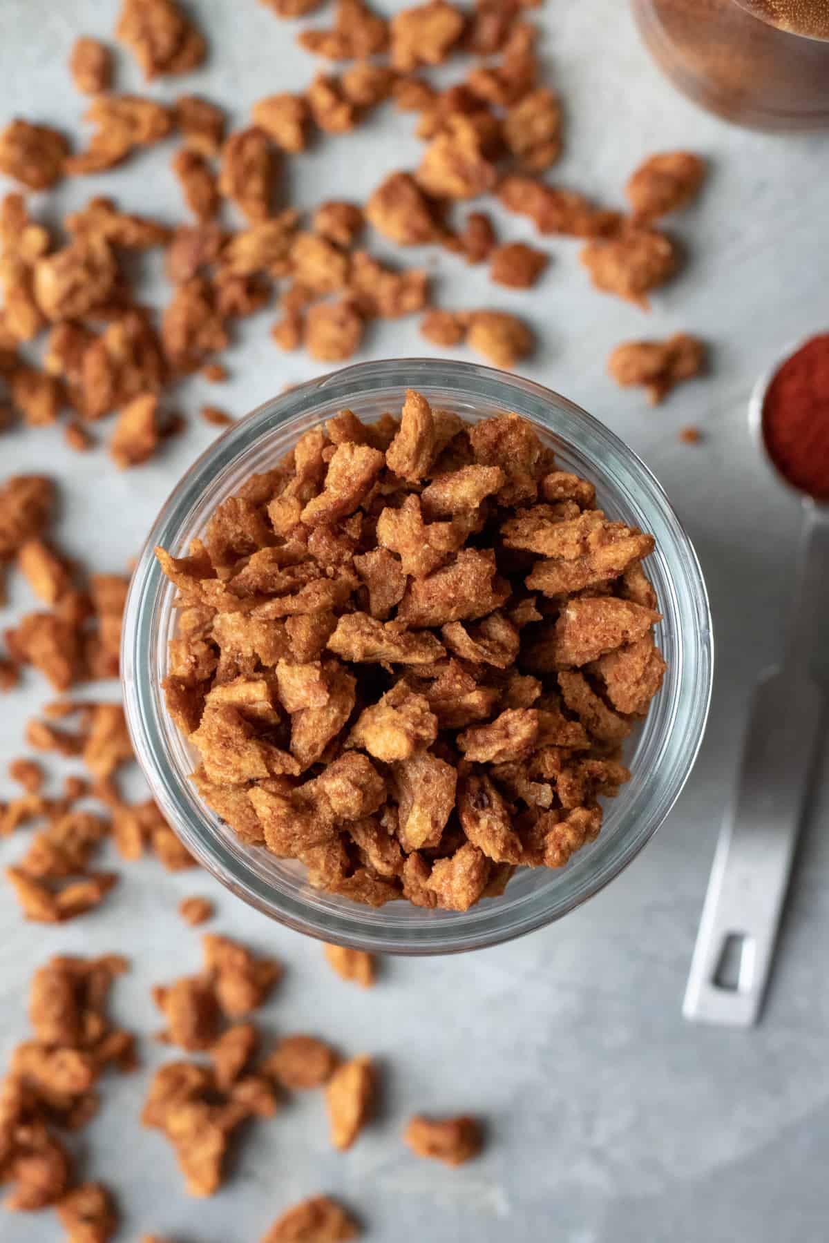 crunchy soy bacon bits in a glass jar.