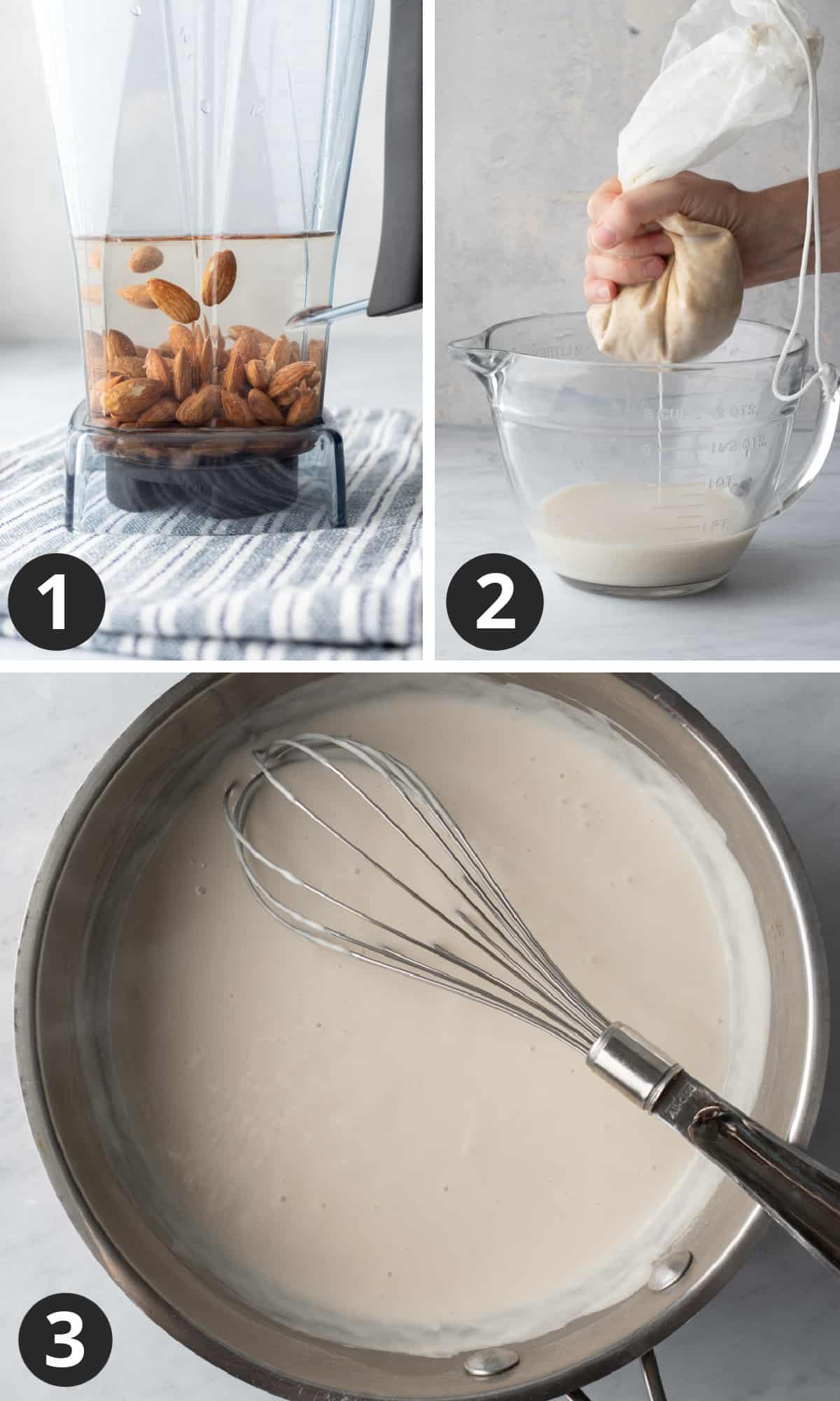 3-photo collage showing how to make and heat almond milk for yogurt.