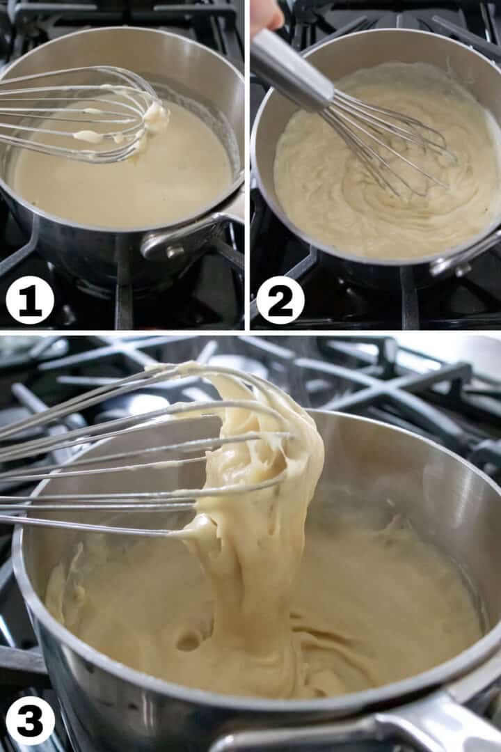 a 3-photo collage showing stages of heating tapioca in vegan mozzarella.