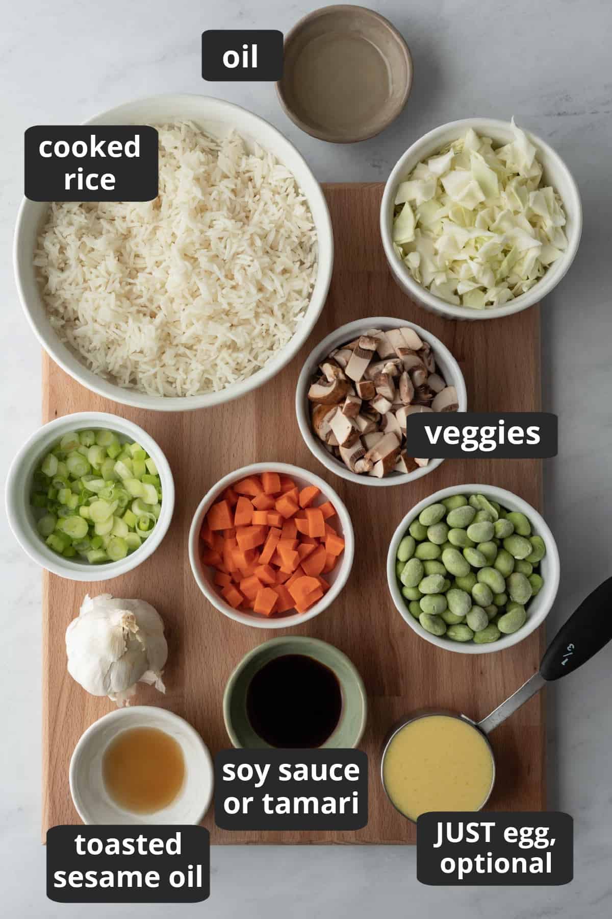 labeled photo of the ingredients needed for fried rice.