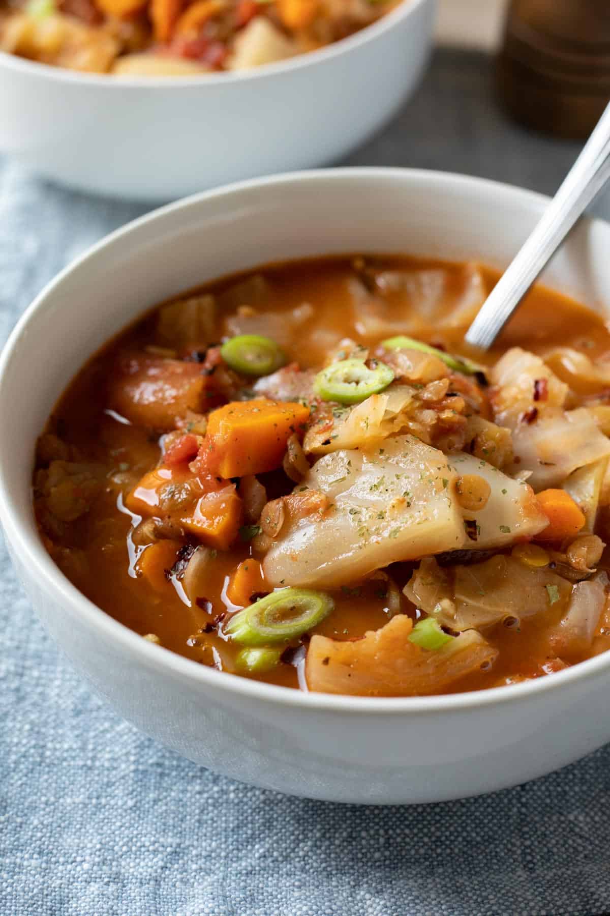 brightly lit photo of colorful cabbage soup in a white bowl.