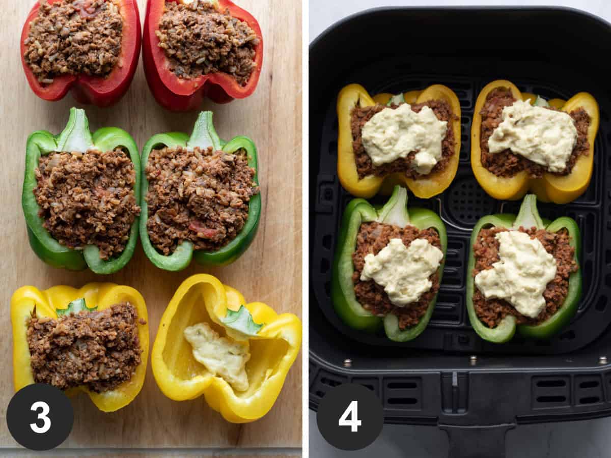 2 photos showing how to stuff the peppers and place in air fryer.