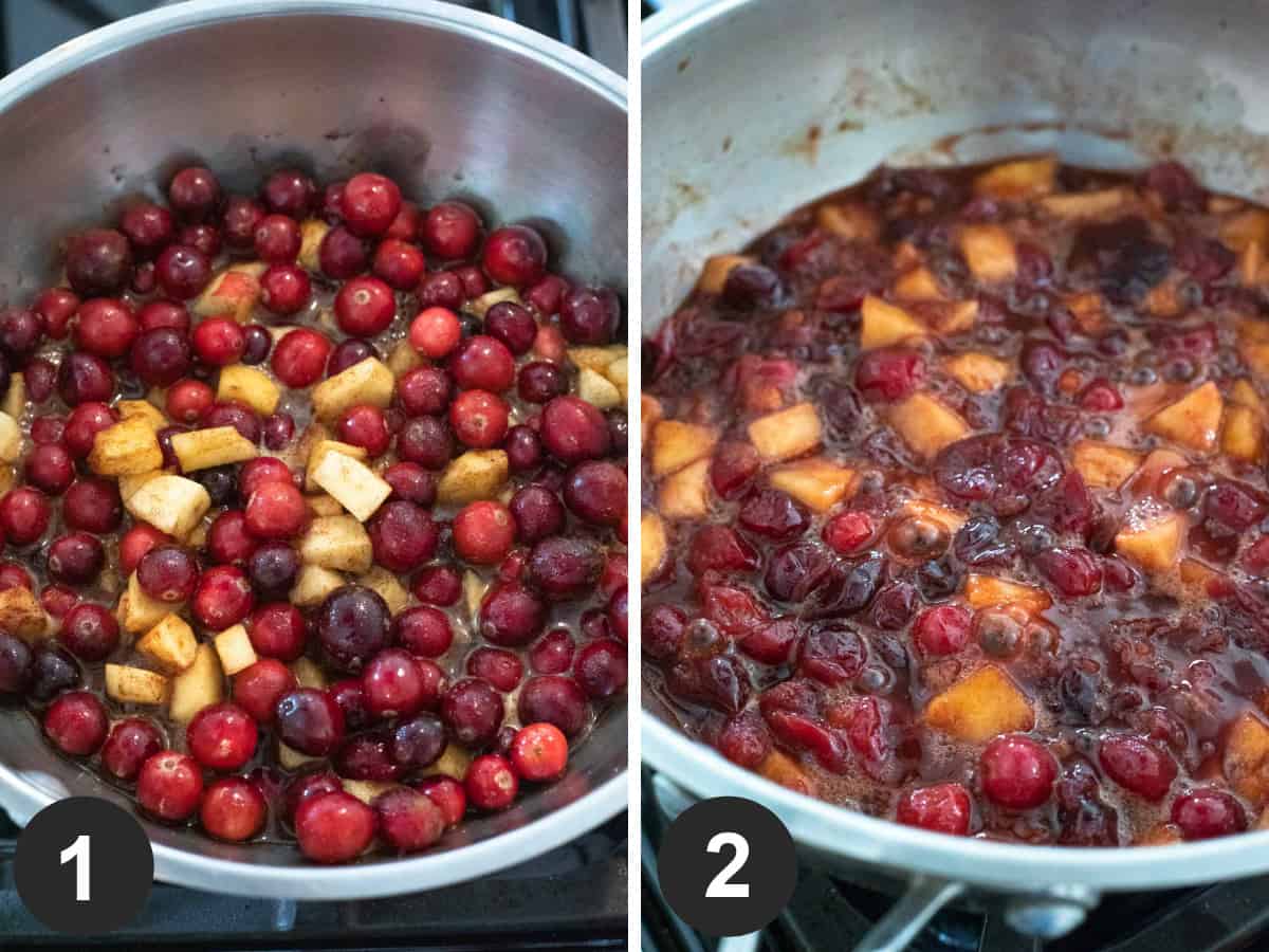 2 photos showing the stages of making apple cranberry sauce.